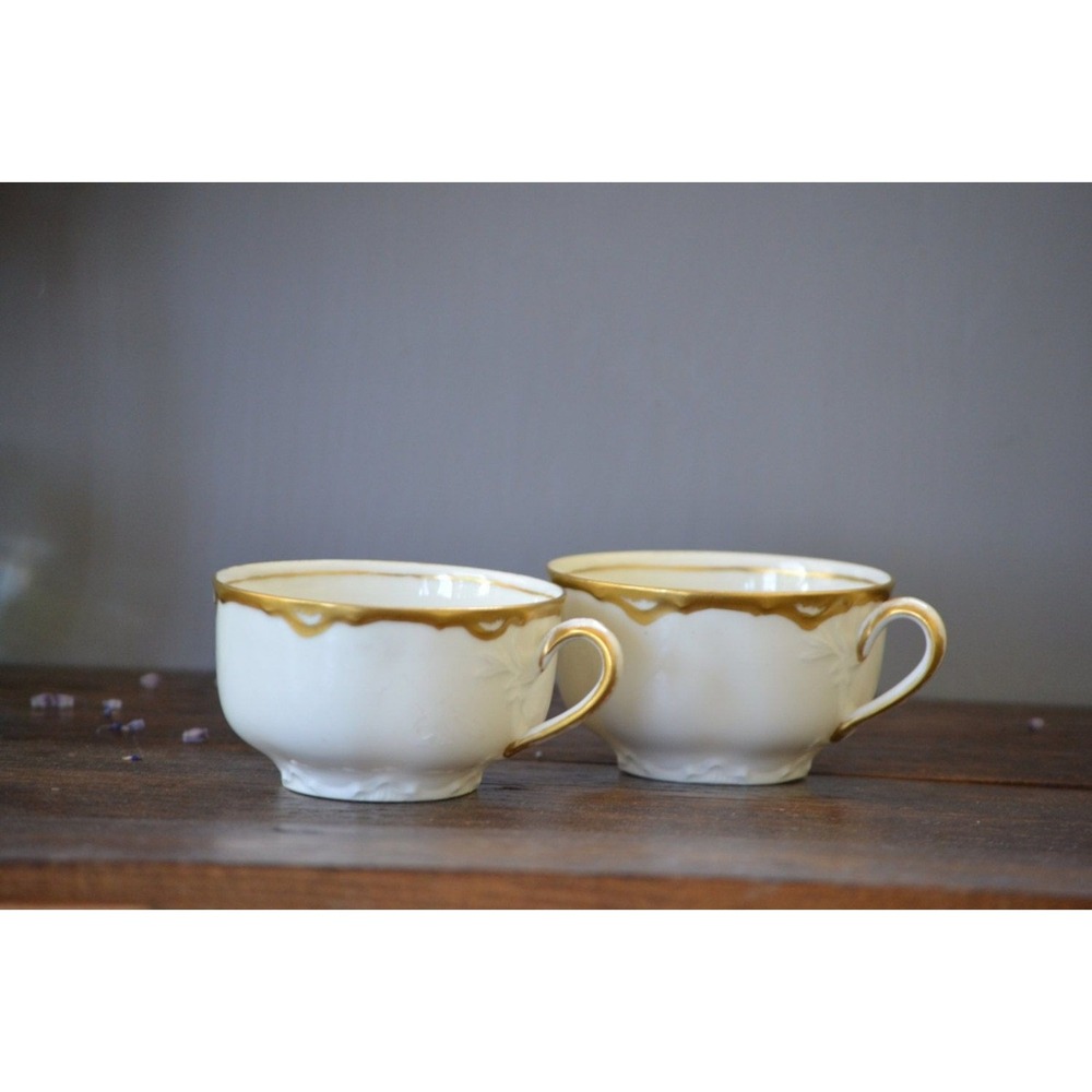 Two Haviland Ranson Gold Trim Flat Cups Ivory tea cup porcelain elegant‎